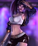  absurdres akali asymmetrical_clothes bangle belt blue_eyes bracelet breasts eyeliner hat headset heart highres idol jacket jewelry k/da_(league_of_legends) k/da_akali league_of_legends lipstick makeup millalol nail nail_polish ponytail purple_hair red_nails solo weapon 