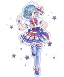  1girl :d blue_eyes blue_footwear blue_hair blue_thighhighs braid chii_(chi_pppuri) commentary_request dorothy_west dress frilled_dress frills full_body hand_on_own_hip hand_up hat highres idol_clothes looking_at_viewer open_mouth outline pretty_series pripara sailor_hat shoes short_hair side_braid simple_background smile solo standing standing_on_one_leg star_(symbol) thighhighs white_background white_hat white_outline wrist_cuffs 
