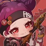  1girl animification apex_legends black_headband blush chibi double_bun fingerless_gloves g7_scout gloves grey_gloves gun hair_bun headband heart highres holding holding_gun holding_weapon lifeline_(apex_legends) looking_at_viewer portrait purple_hair red_background red_eyes rifle rouge_yu smile solo weapon 