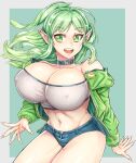  1girl breasts covered_nipples elf fingernails green_eyes green_hair green_jacket highres huge_breasts jacket kaga_kasama long_hair looking_at_viewer navel original pointy_ears short_shorts shorts smile solo 