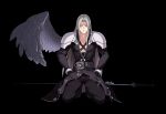  1boy aqua_eyes armor bangle belt_buckle black_background black_coat black_gloves black_pants black_wings bracelet buckle chest_strap closed_mouth coat feathered_wings final_fantasy final_fantasy_vii final_fantasy_vii_rebirth final_fantasy_vii_remake full_body gloves grey_hair highres igusaharu jewelry kneeling long_bangs long_coat long_hair long_sleeves looking_at_viewer male_focus pants parted_bangs sephiroth shoulder_armor single_wing slit_pupils smile solo twitter_username wings 