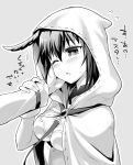  armor blush breasts cloak fate/grand_order fate_(series) flying_sweatdrops gloves greyscale hand_on_another's_cheek hand_on_another's_face head_wings hood hooded_cloak monochrome one_eye_closed ono_misao ortlinde_(fate/grand_order) short_hair solo_focus sweatdrop translation_request valkyrie_(fate/grand_order) 