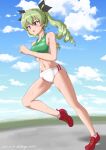  1girl absurdres anchovy_(girls_und_panzer) blush breasts brown_eyes buruma cameltoe dated drill_hair drops_mint girls_und_panzer green_hair hair_ribbon highres italian_flag_print long_hair navel open_mouth outdoors print_sports_bra ribbon running signature sky small_breasts solo sports_bra twin_drills twintails white_buruma 