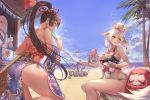  4girls abe_no_seimei_(onmyoji) animal ass bai_lang beach bird bird_mask black_eyes black_hair blue_sky bow breasts cloud day detached_sleeves dharma_egg eyebrows_visible_through_hair flag flock floral_print food fox_tail fruit hair_ornament high_ponytail highres horizon ice_cream japanese_clothes kagura_(onmyoji) kraken_(onmyoji) large_breasts long_hair looking_at_another looking_at_viewer looking_back mask mask_on_head monster_girl multiple_girls ocean octopus onmyoji onmyouji outdoors parted_lips pelvic_curtain penguin ponytail profile ship side_slit silver_hair sitting sitting_on_object sky smile standing standing_on_one_leg swimsuit tail tankini thumbs_up ubume_(onmyoji) very_long_hair water watercraft watermelon white_hair wide_sleeves yellow_eyes yougen_kitsune youtouhime 