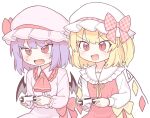  2girls :d ascot bat_wings blonde_hair bow center_frills commentary_request controller crystal dress fang flandre_scarlet frilled_sleeves frills game_controller hat hat_bow highres holding holding_controller holding_game_controller long_sleeves looking_at_viewer medium_hair mob_cap multiple_girls oninamako open_mouth playing_games purple_hair red_ascot red_dress red_eyes remilia_scarlet ribbon shirt siblings simple_background sisters slit_pupils smile sweatdrop touhou upper_body v-shaped_eyebrows white_background white_hat white_shirt wings yellow_bow yellow_ribbon 