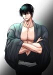 1boy absurdres artist_request black_hair cowboy_shot crossed_arms fushiguro_touji green_eyes highres japanese_clothes jujutsu_kaisen kimono large_pectorals looking_at_viewer male_focus mature_male muscular muscular_male nipples official_alternate_costume open_clothes open_kimono pectoral_cleavage pectorals scar scar_on_face scar_on_mouth seductive_smile short_hair smile solo 