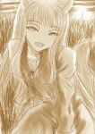  1girl absurdres animal_ears blush collarbone highres holo kein_hasegawa kneeling long_hair looking_at_viewer open_mouth sepia sidelocks sketch smile solo spice_and_wolf tail very_long_hair wolf_ears wolf_girl wolf_tail 