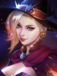  alternate_costume blonde_hair blue_eyes breasts brooch cleavage cloak commentary earrings english_commentary eyebrows eyelashes eyeliner hair_over_one_eye halloween_costume hat hat_ornament jack-o'-lantern jack-o'-lantern_earrings jewelry lips lisa_buijteweg makeup medium_breasts mercy_(overwatch) nose overwatch portrait short_hair smile solo witch witch_hat witch_mercy 