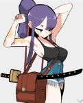  1girl akisas99 arm_tattoo arm_up back bare_shoulders black_tank_top blue_shorts blush breasts cleavage eyebrows_hidden_by_hair hair_ribbon katana kizune_(akisas99) large_breasts long_hair narrowed_eyes original ponytail purple_hair red_ribbon ribbon shorts sideboob simple_background sleeveless sword tank_top tattoo thick_eyebrows weapon white_background yellow_eyes 