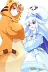  2girls ainu_clothes animal_costume animal_print bear black_pantyhose blue_eyes blue_hat breasts brown_eyes brown_hair cape crossed_arms echo_(circa) fate/grand_order fate_(series) fur_trim hair_flaps hair_ornament hat hood hood_up jaguarman_(fate) long_hair long_sleeves looking_at_viewer mittens multiple_girls open_mouth pantyhose polar_bear pom_pom_(clothes) pom_pom_hair_ornament sash shirou_(bear)_(fate) shirt sidelocks sitonai_(fate) sitonai_(third_ascension)_(fate) skirt small_breasts smile tail thighhighs thighhighs_over_pantyhose tiger_costume tiger_print white_cape white_hair white_shirt white_skirt white_thighhighs 