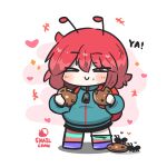  &gt;_&lt; +++ 1girl animal ant antennae backpack bag black_skirt blue_jacket blush bug chibi closed_eyes closed_mouth commentary_request cookie facing_viewer food full_body heart highres holding holding_food jacket long_sleeves multicolored_hair original pink_background pink_hair puffy_long_sleeves puffy_sleeves purple_footwear red_hair shadow shoes skirt smile solo standing striped_clothes striped_thighhighs thighhighs thighhighs_pull two-tone_background two-tone_hair uni_souchou white_background 
