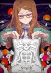  1girl akai_meganee android blue_ribbon brown_hair chinese_lantern_(plant) closed_mouth collared_shirt commentary_request flower glasses green_jacket hair_ornament hairclip hands_up highres holding holding_photo jacket long_hair long_sleeves looking_at_viewer mechanical_parts neck_ribbon orange_flower petals photo_(object) pink_flower pretty_series purple_eyes red-framed_eyewear ribbon ribs shirt solo swept_bangs tsujii_luki upper_body waccha_primagi! white_shirt x-ray_film 