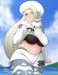  1girl artist_name black_bra blonde_hair blue_eyes bra breasts buho01 clothes_lift earrings fur_collar fur_hat gloves hat highres jewelry large_breasts long_hair long_sleeves mature_female melony_(pokemon) multicolored_hair one_eye_closed pantyhose_under_shorts pearl_earrings plump pokemon pokemon_swsh scarf shorts side_slit side_slit_shorts single_glove solo streaked_hair sweater sweater_lift underwear ushanka white_scarf white_sweater 