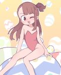  1girl arm_support asymmetrical_bangs bare_legs bare_shoulders blunt_bangs blush brown_hair collarbone commentary dot_nose easter_egg egg english_commentary feet_out_of_frame flat_chest gradient_background highres kagari_atsuko leotard little_witch_academia long_hair looking_at_viewer one_eye_closed one_side_up open_mouth orenji_(wholesomeorenji) outline oversized_object playboy_bunny rabbit_tail red_eyes red_leotard side_ponytail single_sidelock sitting smile solo straight_hair strapless strapless_leotard tail white_outline yellow_background 