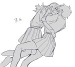  2girls azuma_(magi-inazuma) blush closed_mouth commentary_request cuddling greyscale hand_on_another&#039;s_face hand_on_another&#039;s_waist hug leg_between_thighs long_hair lying monochrome multiple_girls on_side original pleated_skirt school_uniform short_hair skirt smile yuri 
