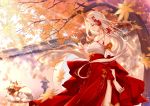  animal autumn breasts chinese_clothes cleavage clouble dog gray_eyes leaves long_hair original tree white_hair 