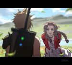  1boy 1girl aerith_gainsborough armor arms_behind_back artist_name black_border blonde_hair blurry blurry_foreground border braid braided_ponytail breasts brown_hair buster_sword choker cloud_strife cropped_jacket dress falling_petals final_fantasy final_fantasy_vii final_fantasy_vii_rebirth final_fantasy_vii_remake flower_choker green_eyes hair_ribbon highres jacket leaning_forward letterboxed looking_at_another materia medium_breasts nature noinoichebura outdoors parted_bangs parted_lips petals pink_dress pink_ribbon red_jacket ribbon short_hair shoulder_armor sidelocks single_bare_shoulder single_braid single_shoulder_pad smile spiked_hair twitter_username upper_body wavy_hair weapon weapon_on_back 