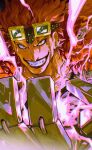 1boy clenched_teeth coat commentary_request eustass_kid fur_coat goggles goggles_on_head highres looking_at_viewer male_focus mechanical_arms one_piece orange_eyes red_hair scar scar_across_eye scar_on_face short_hair single_mechanical_arm smile solo teeth vasan5555 