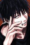  1000_(user_1527793) 1boy absurdres black_hair bored from_above fushiguro_touji hand_on_own_cheek hand_on_own_face highres jujutsu_kaisen light_smile looking_at_viewer male_focus muscular muscular_male pectorals portrait scar scar_on_face scar_on_mouth short_hair solo 