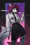 anthro blue_eyes bottomwear clothing ears_up female fin fish hair hi_res katana legwear marine melee_weapon necktie o_squeaks_o red_hair shark shirt simple_background skirt solo squeaks_(o_squeaks_o) stockings sword tail tail_fin topwear weapon white_body