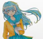  1990s_(style) 1girl :p arms_behind_back blue_hair blue_skirt braid cardigan character_request copyright_request fukatsuki_mizuki green_eyes green_hair hair_ornament hairclip highres long_hair long_sleeves looking_at_viewer multicolored_hair neckerchief painting_(medium) pleated_skirt retro_artstyle sailor_collar school_uniform serafuku simple_background skirt smile solo tongue tongue_out traditional_media two-tone_hair watercolor_(medium) white_background white_neckerchief x_hair_ornament yellow_cardigan 