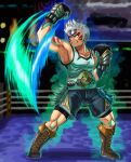  absurdres alternate_costume alternate_eye_color alternate_hair_color armor aura belt blue_gemstone boxer boxing_ring boxing_shorts clenched_teeth corruption crescent crossover dark_persona english_text facial_tattoo fierce_deity gem glowing highres little_mac male_focus muscular nintendo no_pupils possessed punch-out!! punching short_hair shorts sleeveless standing stoic_seraphim super_smash_bros. tank_top tattoo teeth the_legend_of_zelda the_legend_of_zelda:_majora&#039;s_mask triangle uppercut white_eyes white_hair wrist_guards 