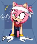 accessory amy_rose anthro blush bottomwear bracelet breasts cleavage clothed clothing eulipotyphlan eyelashes female footwear gloves hair handwear headband hedgehog hi_res jewelry kneeling korean kou_sonic mammal pants ponytail sega shirt shoes solo sonic_the_hedgehog_(series) speech_bubble topwear