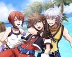  2boys arm_around_shoulder bangs beach belt black_gloves blue_belt blue_eyes blurry blurry_background breasts brown_hair choker cloud day eyebrows_visible_through_hair gloves hair_between_eyes jewelry kairi_(kingdom_hearts) kingdom_hearts kingdom_hearts_i multiple_boys necklace open_mouth palm_tree red_hair riku short_hair silver_hair sky small_breasts smile sora_(kingdom_hearts) spiked_hair suji tree wristband zipper 