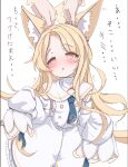  1girl 1other absurdres animal_ear_fluff animal_ears blonde_hair blue_archive blush detached_sleeves dress extra_ears fox_ears haine_(artist) halo highres long_hair parted_lips seia_(blue_archive) simple_background sleeves_past_fingers sleeves_past_wrists solo_focus translation_request white_background white_dress white_sleeves yellow_eyes yellow_halo 