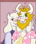  &lt;3 asgore_dreemurr blonde_hair caprine crown eyelashes female fluffy freckles fur goat goatboyalex hair happy horn long_ears male mammal one_eye_closed peace_sign_(disambiguation) pink_shirt purple_dress simple_background tongue tongue_out toriel undertale video_games wink 