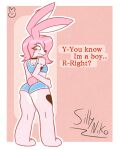 anthro athletic_wear big_butt blush bottomwear butt clothing dialogue domestic_rabbit duo ear_piercing fur girly gym_bottomwear gym_shorts hair hi_res imminent_sex intersex intersex/male lagomorph leporid long_ears looking_back lop_rabbit male mammal mochi_(sillyniko) nervous oryctolagus piercing pink_body pink_fur pink_hair rabbit rear_view short_hair shorts sillyniko simple_background tattoo text thick_thighs wide_hips