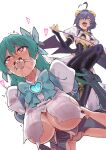  2girls ahoge black_hair bow breasts elbow_gloves femdom forward_facing_horns from_below gag gloves green_hair hair_bow heart heart-shaped_pupils heart_ahoge highres hiiragi_utena large_breasts long_hair magia_azure magia_baiser mahou_shoujo_ni_akogarete masochism medium_breasts medium_hair minakami_sayo multiple_girls panties pasties pink_eyes riding_crop saliva simple_background star_pasties stepped_on sweat symbol-shaped_pupils teeth tokopi tongue tongue_out torn_clothes underwear upper_teeth_only white_background yellow_eyes yuri 