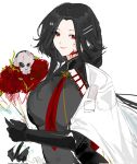  1girl bisaytin black_gloves black_hair blood blood_on_face bouquet cloak corrupted_twitter_file flower girls&#039;_frontline gloves highres holding holding_bouquet long_hair looking_at_viewer multiple_hairpins qbu-191_(girls&#039;_frontline) red_eyes red_flower red_rose rose simple_background smile solo upper_body white_background white_cloak 