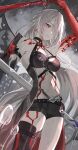  1girl acheron_(honkai:_star_rail) arm_up asymmetrical_footwear bare_shoulders black_choker black_shorts blood blood_from_eyes body_markings boots choker flower gloves hair_over_one_eye highres holding holding_sword holding_weapon honkai:_star_rail honkai_(series) long_hair midriff navel red_eyes red_flower short_shorts shorts solo standing stomach sword thigh_boots tororogohan water_drop weapon white_hair 