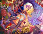  :d arm_up armpits ass autumn bangs black_legwear blue_flower bug butterfly crop_top detached_sleeves dutch_angle eyeshadow fang fate/grand_order fate_(series) floral_print flower from_behind garden headpiece heart highres insect legs_apart looking_at_viewer looking_back makeup oni_horns open_mouth purple_eyes purple_hair red_flower revealing_clothes rope shawl shimenawa short_hair shuten_douji_(fate/grand_order) smile solo sphere stone_lantern tea_sly thighhighs tree white_flower yellow_flower 