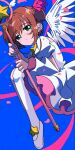  1girl blue_background brown_hair cardcaptor_sakura dress expressionless full_body green_eyes holding holding_wand kinomoto_sakura knees_to_chest looking_at_viewer magical_girl minini_(@mofumofu_alien) parted_lips petals ribbon short_hair simple_background solo wand white_dress wings 