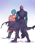  arms_at_sides blood blood_on_face blood_splatter bloody_clothes blue_background blue_eyes blue_hair boots clothes_lift dirty dirty_clothes dirty_face dougi dragon_ball dragon_ball_super facing_away full_body gradient gradient_background grin hit_(dragon_ball) looking_at_another male_focus multiple_boys serious short_hair simple_background smile son_gokuu spiked_hair standing super_saiyan_blue suzuki_zentarou torn_clothes white_background 