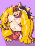2021 anthro balls belly big_moobs big_muscles bowser bozobin crouching erection full-length_portrait genitals hi_res horn koopa male mario_bros moobs musclegut muscular nintendo nipples overweight overweight_male penis pink_background portrait pose scalie shell simple_background solo spiked_penis spiked_shell spikes spikes_(anatomy) tongue tongue_out