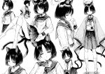 1girl absurdres animal_ears blue_archive cat_ears cat_tail greyscale halo hand_on_own_cheek hand_on_own_face haruyukiko highres kikyou_(blue_archive) long_sleeves monochrome multiple_tails multiple_views neckerchief pleated_skirt sailor_collar sandals school_uniform serafuku short_hair simple_background sitting skirt socks standing tail white_background 