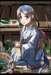  blue_eyes blue_hair blush bucket commentary_request cucumber eyebrows_visible_through_hair food full_body highres japanese_clothes kantai_collection kimono long_hair looking_at_viewer open_mouth outdoors samidare_(kantai_collection) sandals seitei_(04seitei) sketch solo squatting twitter_username vegetable veranda very_long_hair water wooden_bucket yukata 