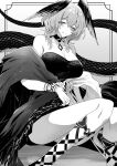  1girl arknights bare_shoulders bracelet breasts collarbone commentary dress greyscale head_wings highres ho&#039;olheyak_(arknights) iwashi_80 jewelry large_breasts medium_hair monochrome official_alternate_costume shawl sitting smile solo strapless strapless_dress symbol-only_commentary tail wings 