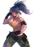  1girl arm_pouch biceps black_gloves blue_eyes blue_hair breasts camouflage camouflage_pants crop_top dog_tags earrings gloves jewelry leona_heidern muscular muscular_female pants ponytail rattlepool simple_background sleeveless soldier solo tank_top teeth the_king_of_fighters the_king_of_fighters_xv triangle_earrings white_background yellow_tank_top 
