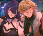  1boy 1girl acheron_(honkai:_star_rail) aventurine_(honkai:_star_rail) bare_shoulders black_choker black_gloves blonde_hair breasts chalseu choker chromatic_aberration cleavage commentary earrings gift_art gloves green_shirt grin hair_over_one_eye halterneck highres honkai:_star_rail honkai_(series) jewelry long_hair looking_at_viewer multicolored_hair purple_eyes purple_hair shirt smile streaked_hair upper_body white_hair 