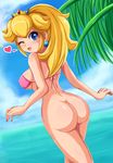  ass beach bikini_top blonde_hair blue_eyes blush bottomless breasts covered_nipples crown day earrings exhibitionism happy heart jewelry large_breasts long_hair looking_back mario_(series) nail_polish nipples one_eye_closed open_mouth outdoors pink_nails ponytail princess_peach sigurd_hosenfeld solo super_mario_bros. third-party_edit underboob water 