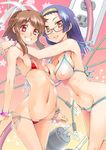  armpits arrester_blanket asaki_takayuki asymmetrical_docking bad_id bad_pixiv_id bikini bracelet breast_press breasts brown_hair electric_plug electric_socket fight_ippatsu!_juuden-chan!! flat_chest glasses hairband jewelry large_breasts long_hair lowleg lowleg_bikini micro_bikini multiple_girls navel nipples pink_eyes plug_cryostat purple_hair pussy_peek red_eyes see-through short_hair side-tie_bikini sidelocks string_bikini swimsuit 