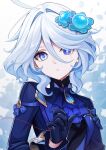  1girl ascot black_ascot blue_ascot blue_bow blue_brooch blue_eyes blue_gemstone blue_gloves blue_hair blue_jacket blue_sleeves bow crying crying_with_eyes_open dark_blue_gloves drop-shaped_pupils furina_(genshin_impact) gem genshin_impact gloves gold_trim hair_between_eyes heterochromia highres jacket kodona light_blue_hair lolita_fashion long_sleeves mismatched_pupils multicolored_hair short_hair solo streaked_hair streaming_tears string string_of_fate symbol-shaped_pupils tears tyenka7728 