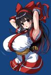  1girl armpits arms_behind_back black_hair blue_background blue_eyes breasts cowboy_shot highres hirowa_nagi huge_breasts japanese_clothes kimono long_hair looking_at_viewer nakoruru open_mouth red_ribbon ribbon samurai_spirits simple_background solo tongue white_kimono 