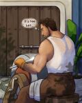  1boy absurdres artdhdeebs bara beard_stubble brown_hair coral_island dark-skinned_male dark_skin english_text facial_hair from_behind highres male_focus mature_male mechanic muscular muscular_male pants rafael_(coral_island) second-party_source short_hair sitting solo stubble sweaty_clothes tank_top thick_arm_hair thick_eyebrows thought_bubble white_tank_top 