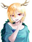  1girl akubiu_uzz antlers blonde_hair blue_shirt dragon_girl dragon_horns highres horns kicchou_yachie looking_at_viewer open_mouth red_eyes shirt short_hair smile touhou turtle_shell yellow_horns 