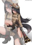  animal_ears antique_firearm backpack bag bike_shorts bike_shorts_under_shorts black_gloves black_hair blunderbuss boots breasts commentary english_commentary firearm full_body gao_(gaolukchup) gloves gun hair_over_one_eye highres holding holding_gun holding_weapon large_breasts long_hair military military_uniform multiple_barrel_gun one_knee original red_eyes shorts solo tail tan trigger_discipline uniform watermark weapon web_address white_background wolf_ears wolf_tail zoom_layer 